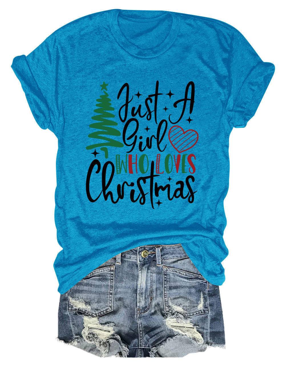 New Just A Girl Fun Christmas Tree Print Round Neck Short Sleeve Female Spot