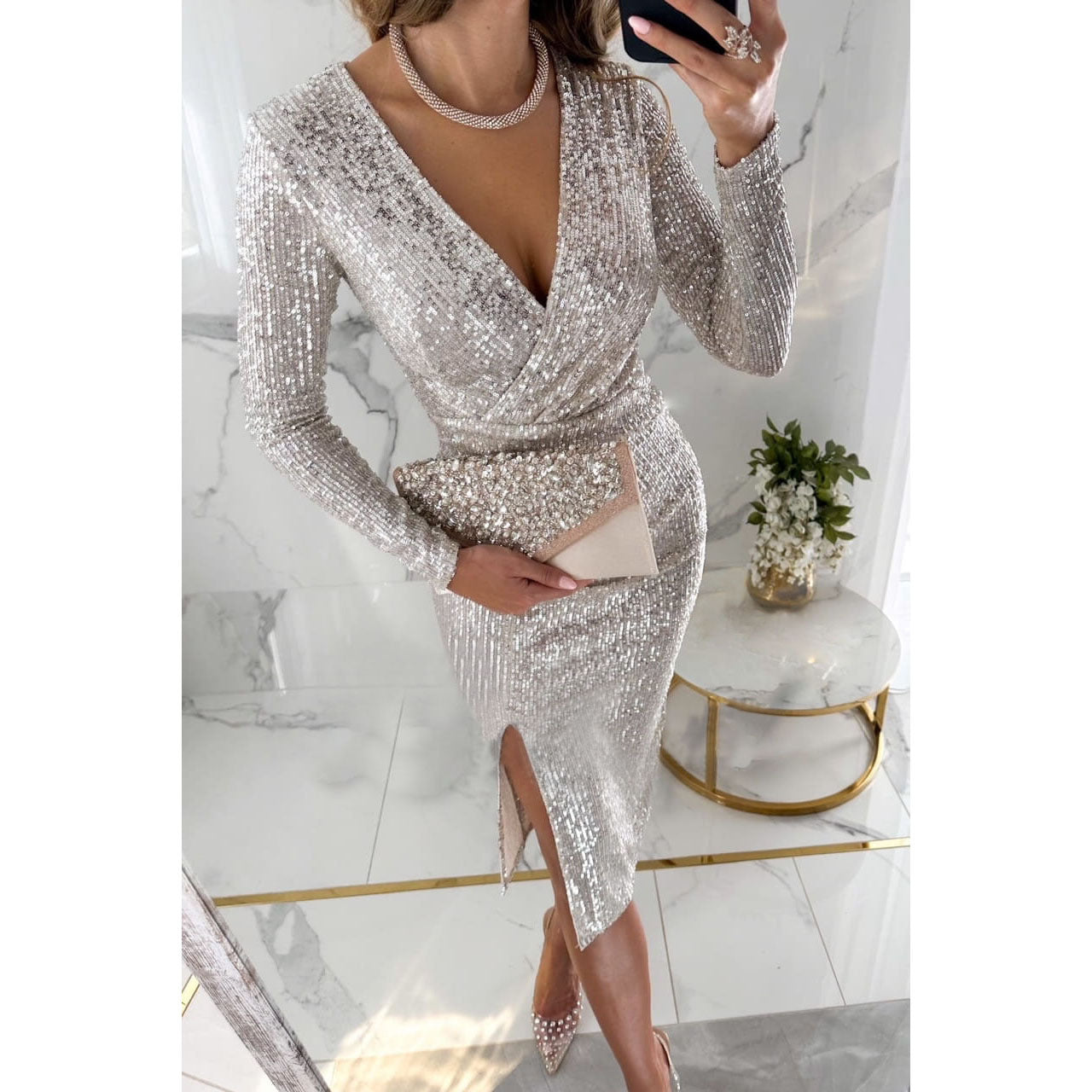 Fall/Winter New Sequin Slit Long-Sleeved Dress Casual Loose Party Dress