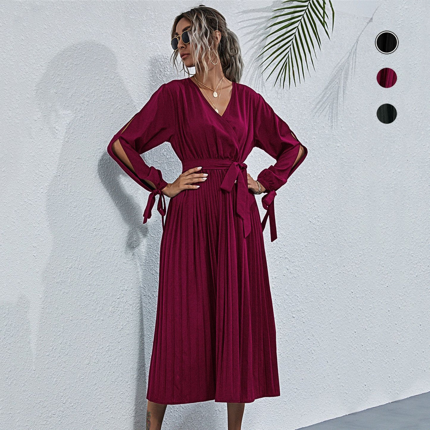 Autumn Long-Sleeved V-Neck Hollowed-Out With Pleated Dress Women