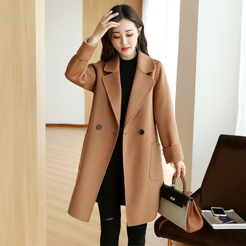 Fashion All-In-One Counter Quality Pure Wool Hand-Stitched Medium Length Double-Sided Cashmere Overcoat