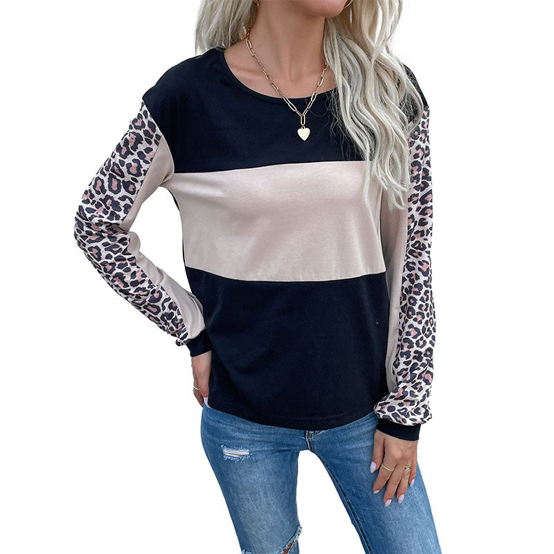 Autumn New Fashion Loose Casual Jacket Leopard Print Splicing Long-Sleeved T-Shirt Woman