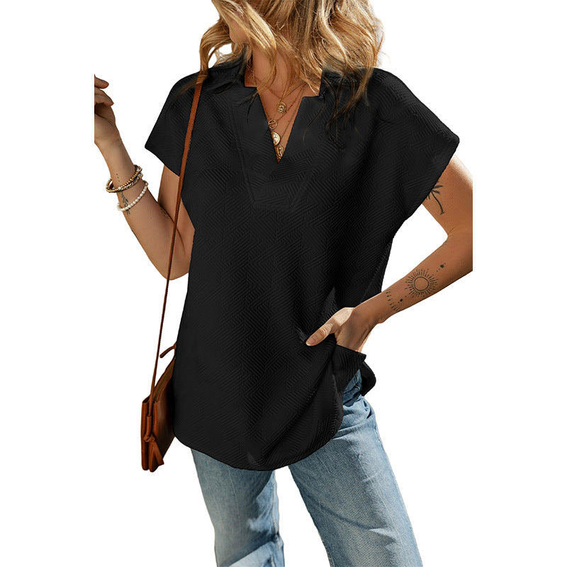 Summer New Solid Color V-Neck Short-Sleeved T-Shirt Women Fashion Personality Under The Spread Fork Jumper Woman