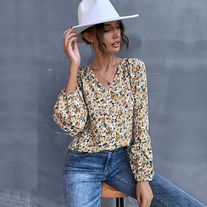 Early Autumn Holiday Fashion Women's Loose V-Neck Long-Sleeved Floral Shirt