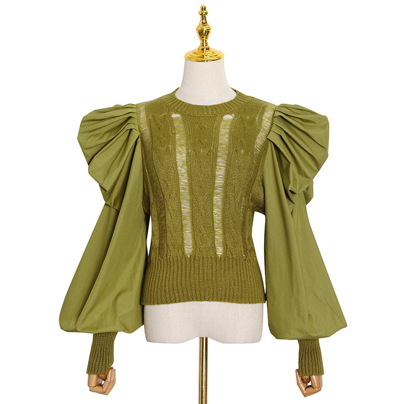 Spring Temperament Goddess Fan Court Sleeve Sweater Fashion Patchwork Top