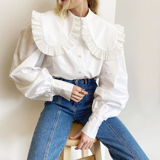 Temperament Court Style Doll Collar White Cotton Shirt Female Autumn And Winter Long Sleeve Shirt With Auric Edge