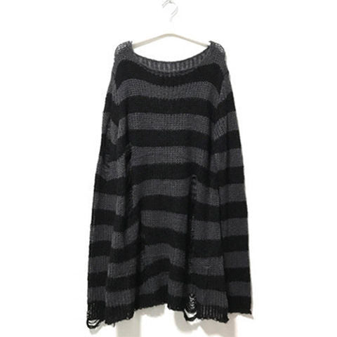 Knitwear Women's Mid-Length Punk Dark Holes Torn Sweater Couple Stripes Loose