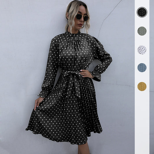 Hot Retro Women's Pleated High-Neck Polka-Dot Long-Sleeved Slim-Fit Dress