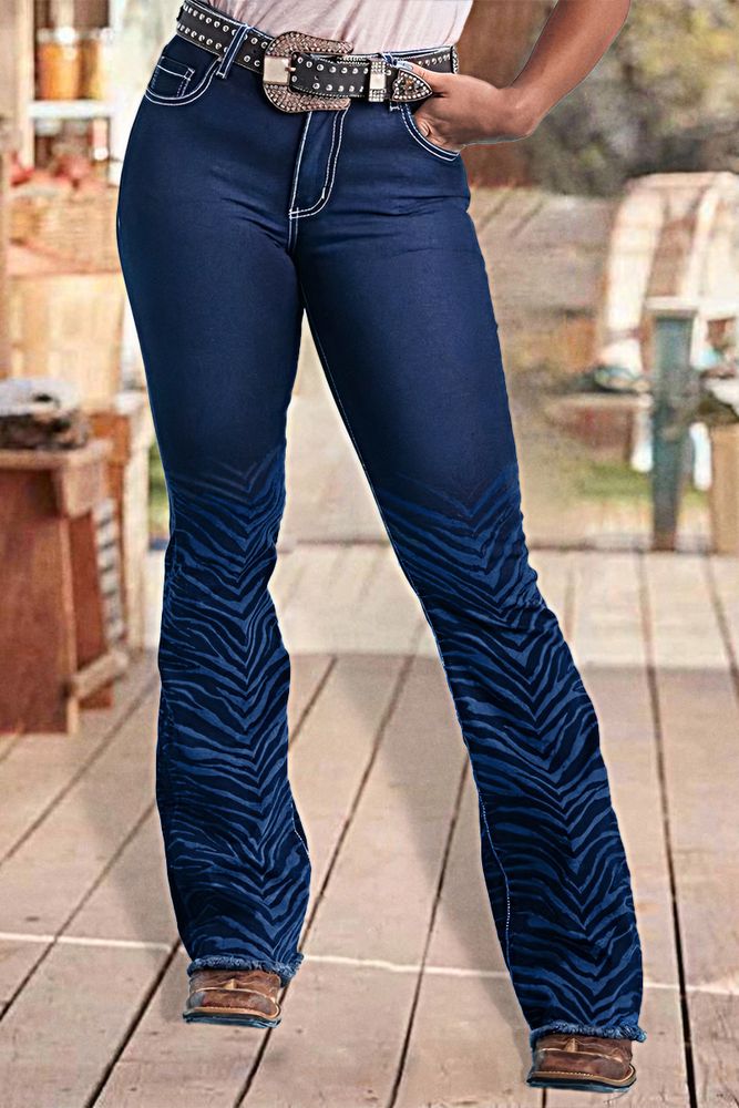 Zebra Striped Beaded Mid Waist Bootcut Jeans Without Belt