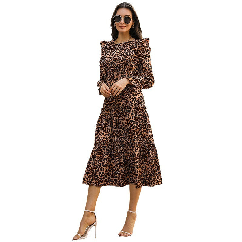 Retro Women's Autumn And Winter New Leopard Print Ruffled Long-Sleeved Dress In The Long