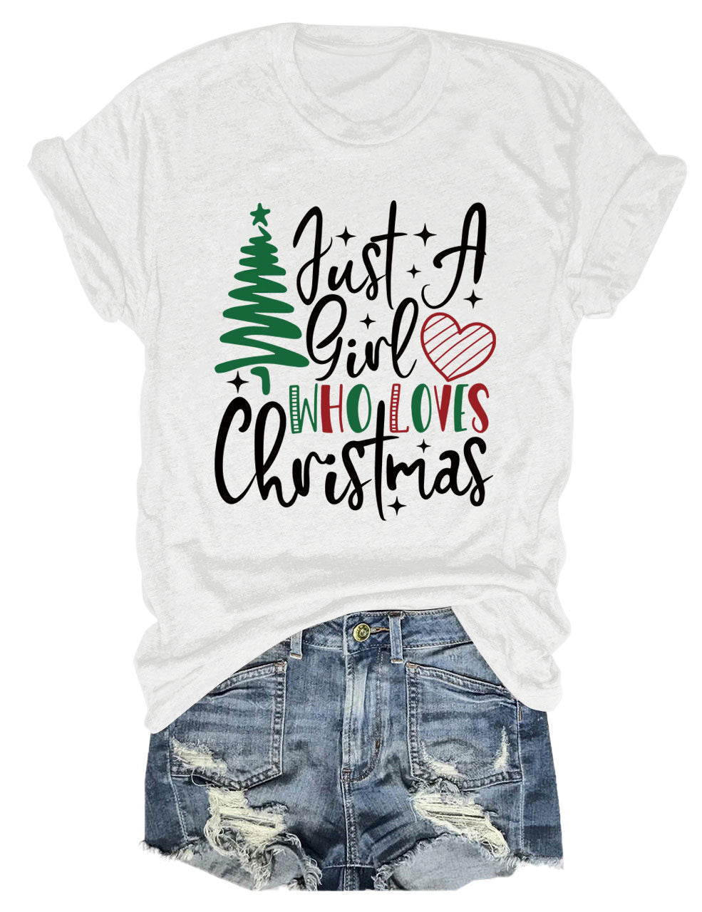 New Just A Girl Fun Christmas Tree Print Round Neck Short Sleeve Female Spot