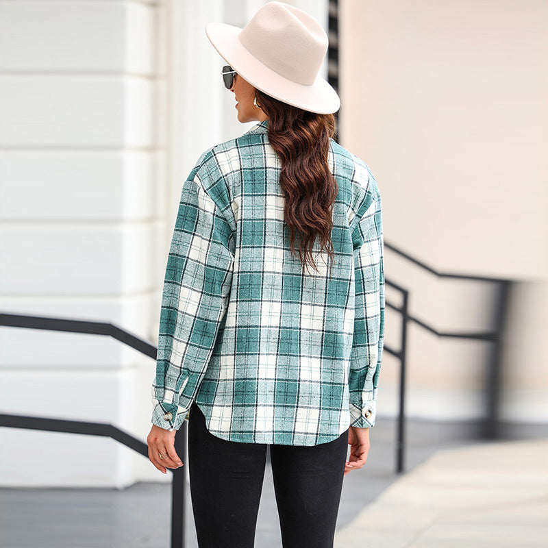 Autumn New Single-Row Multi-Button Long-Sleeved Blouse Women's Thin Casual Plaid Shirt