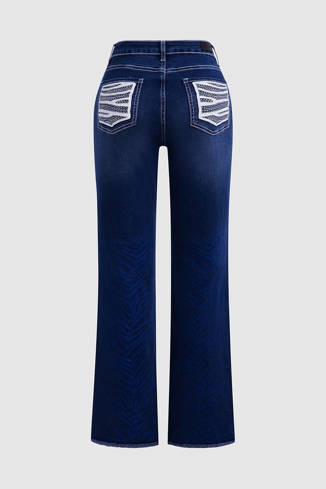 Zebra Striped Beaded Mid Waist Bootcut Jeans Without Belt