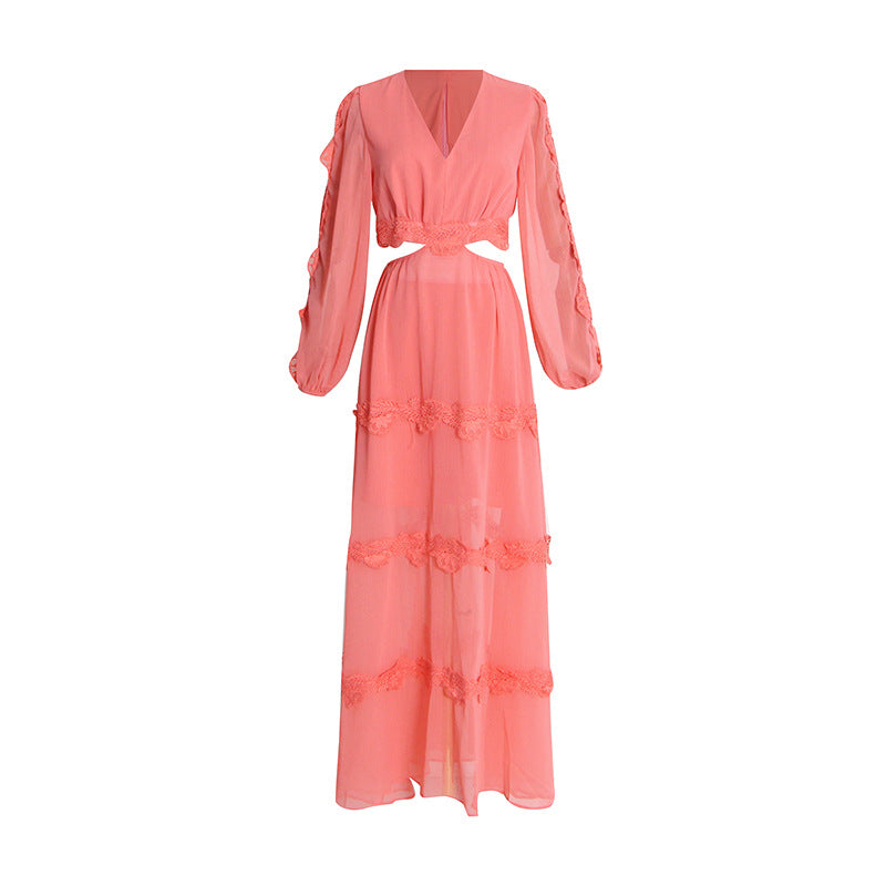 New Fashion Design Sense V-Neck Long Sleeve Hollow Embroidery Waist Ruffled Long Dress Women