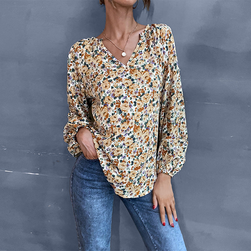 Early Autumn Holiday Fashion Women's Loose V-Neck Long-Sleeved Floral Shirt