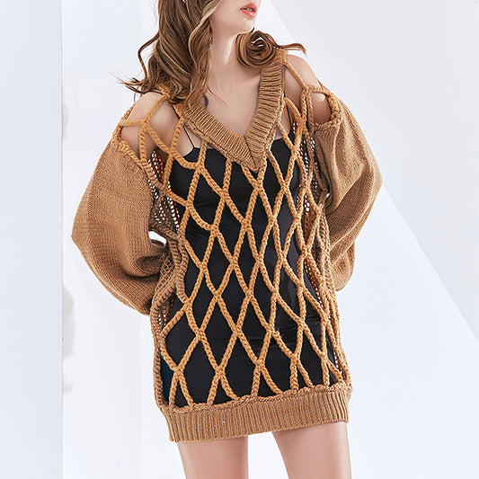 Spring Fashion Runway Design Sense V-Neck Personality Mesh Hollow Woven Lantern Sleeve Loose Women's Sweater