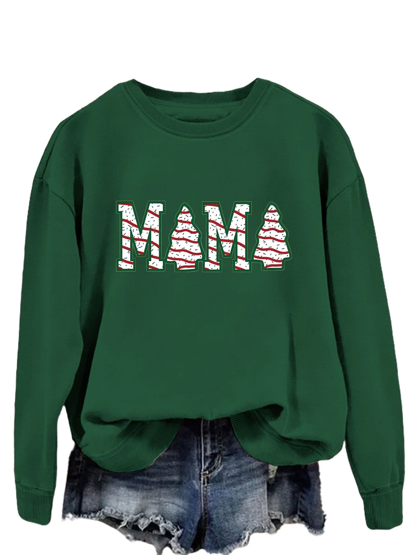 Fashion Crew-Neck Hoodie Mama Letter Christmas Tree Long Sleeve Blouse