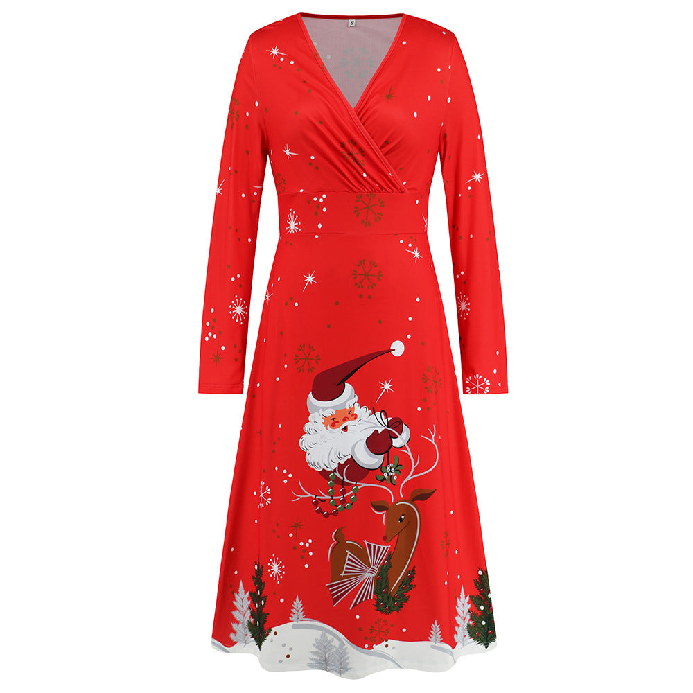 Women's V-Neck Long Sleeve Christmas Print Dress Sexy Christmas Dress Up New Year Party Play Maxi Dress