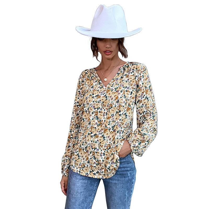 Early Autumn Holiday Fashion Women's Loose V-Neck Long-Sleeved Floral Shirt