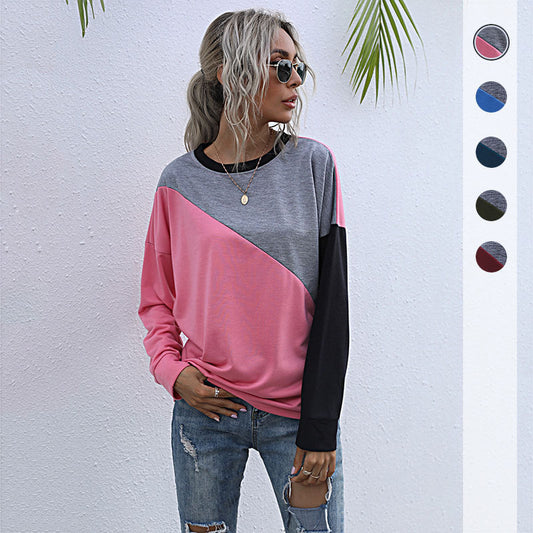 Early Autumn Loose Pink Patchwork Round Neck Long Sleeve Hoodie Woman