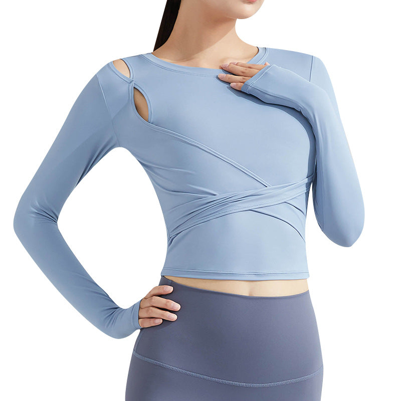 Breathable Yoga Top Women Long Sleeve Waist Slimming Outdoor Running Sports T-Shirt Cross Back Quick Dry Fitness Clothing