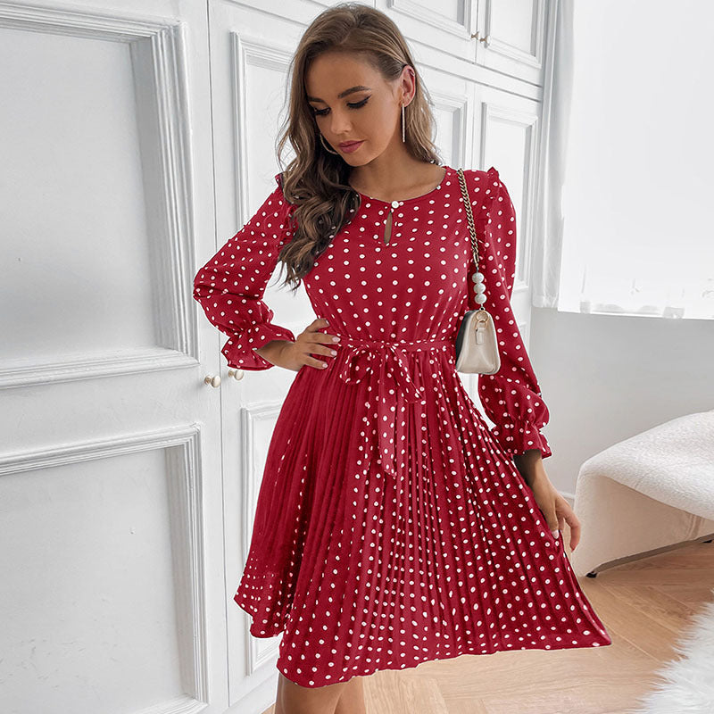 Vintage Women's Polka-Dot Autumn And Winter Pleated Skirt Round Neck Long-Sleeved Dress