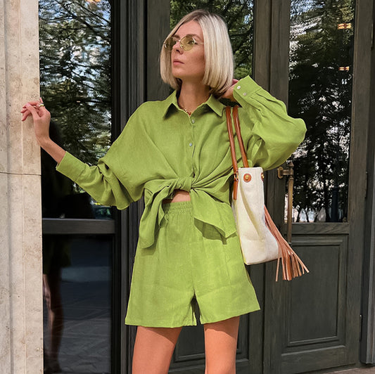 Spring And Summer Cotton And Linen Green Leisure Vacation Set New Shirt Shorts Two-Piece Women's Wear