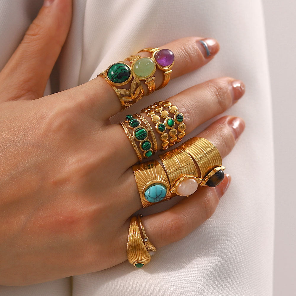 5pcs Vintage Stainless Steel Ring 18K Gold Plated Ring Set With Malachite Jewelry Accessories