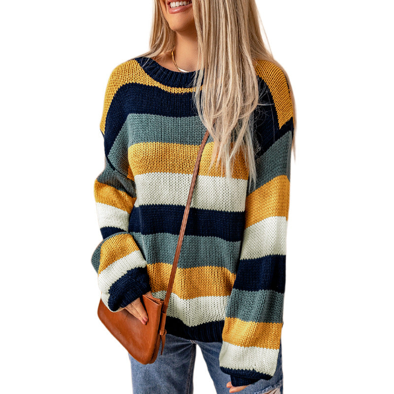 Winter New Color Stripes Patchwork Sweater Women Casual Off Shoulder Long Sleeve Pullover Woman