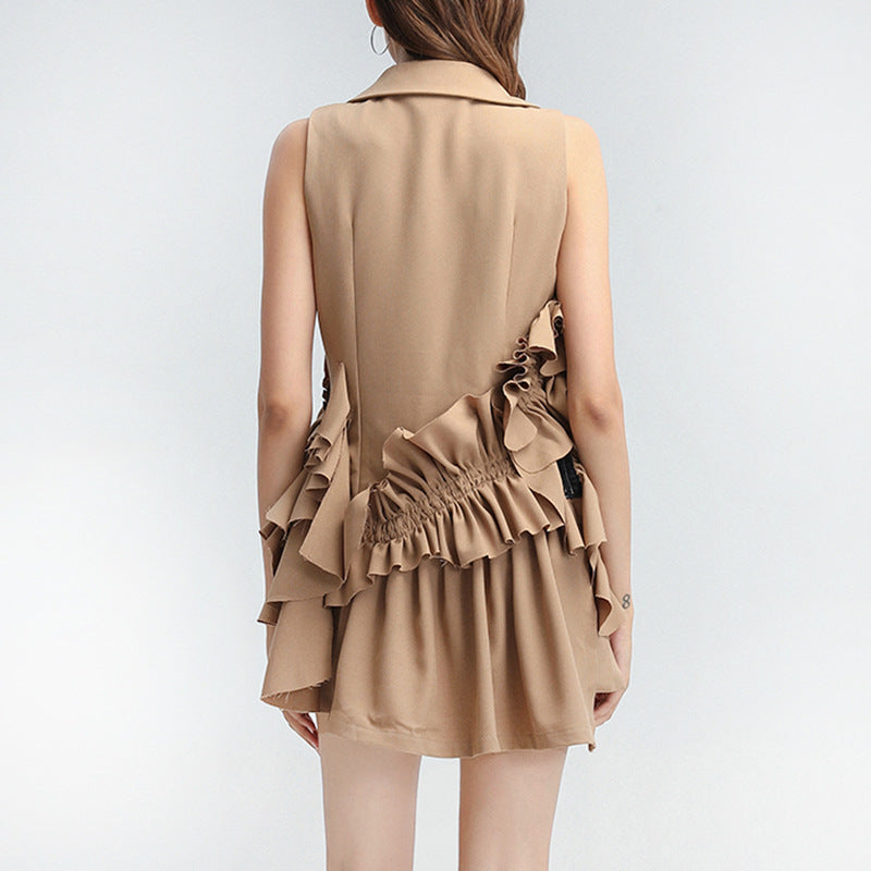 Spring New Fashion Temperament Suit Collar Ruffled Stitching Sleeveless Waistcoat Suit + High Waist Shorts Suit