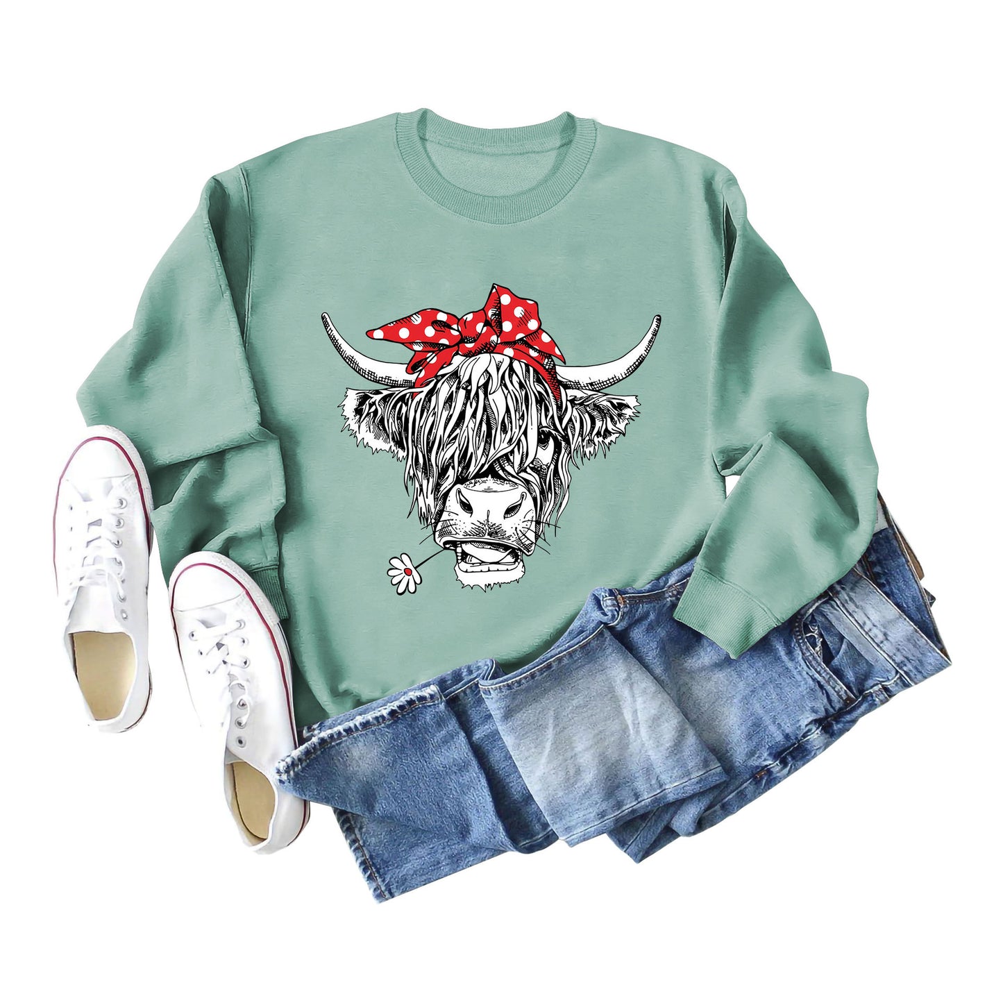 Casual Long Sleeve Crewneck Red Bow Cow Fun Print Loose Women's Hoodie