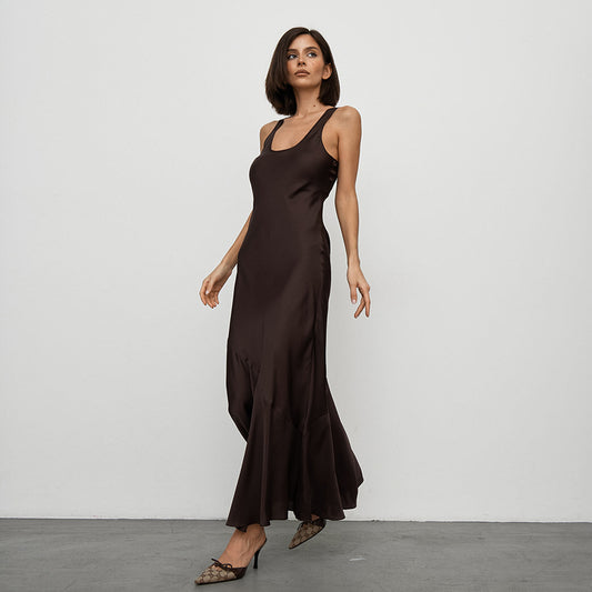 Sexy Temperament Sense Brown Satin Satin Wide Shoulder With Backless Dress Fall All Matching Ankle Skirt Women