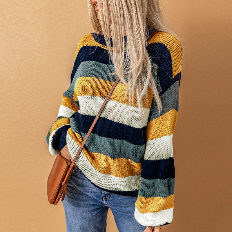 Winter New Color Stripes Patchwork Sweater Women Casual Off Shoulder Long Sleeve Pullover Woman