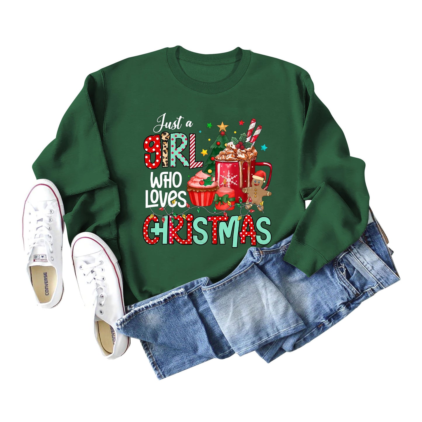 Just A Girl Who Letters Christmas Bottom Crewneck Long-Sleeved Hoodie