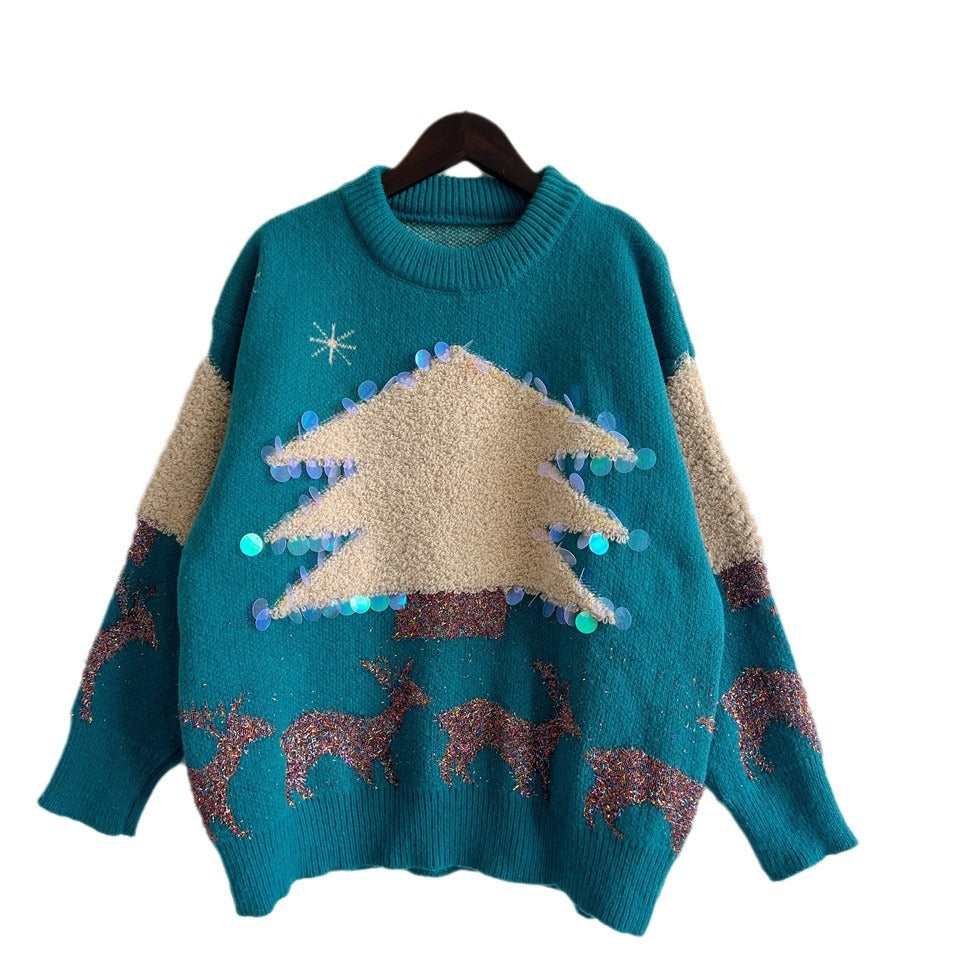 Christmas Holiday Sweater Handmade Sequined Christmas Tree Fawn Jacquard Thickened Jumper