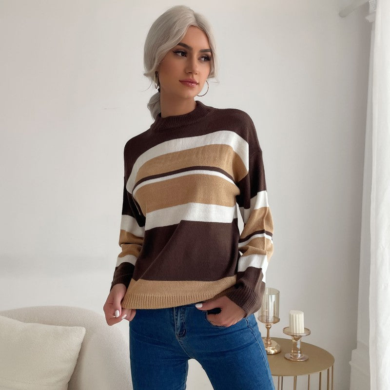 Women's Patchwork Color Contrast Long-Sleeved Half-Turtleneck Sweater