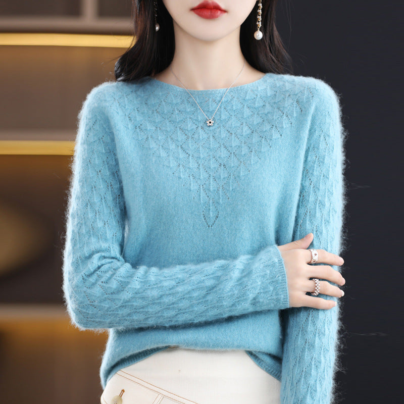 Early Spring New 100 Woolen Sweater Women's Round Neck Sweater Hollowed Out All-Over Cashmere Sweater Base