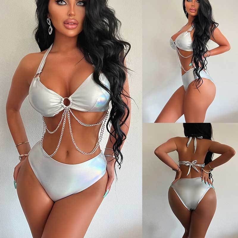 Bathing Suit Hot Gold Fabric Metal Chain Laser Silver Costume Backless Split Swimsuit Bikini