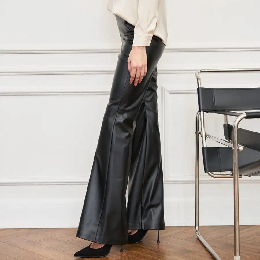 Autumn And Winter New Pu Leather Leather Pants High-Waisted Slimming Bell Bottoms Fashion Women With Trousers