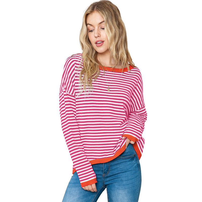 Contrast Color Border Striped Off Shoulder Sweater Woman Loose 100 Long Sleeve Knitted Pullover Blouse Woman