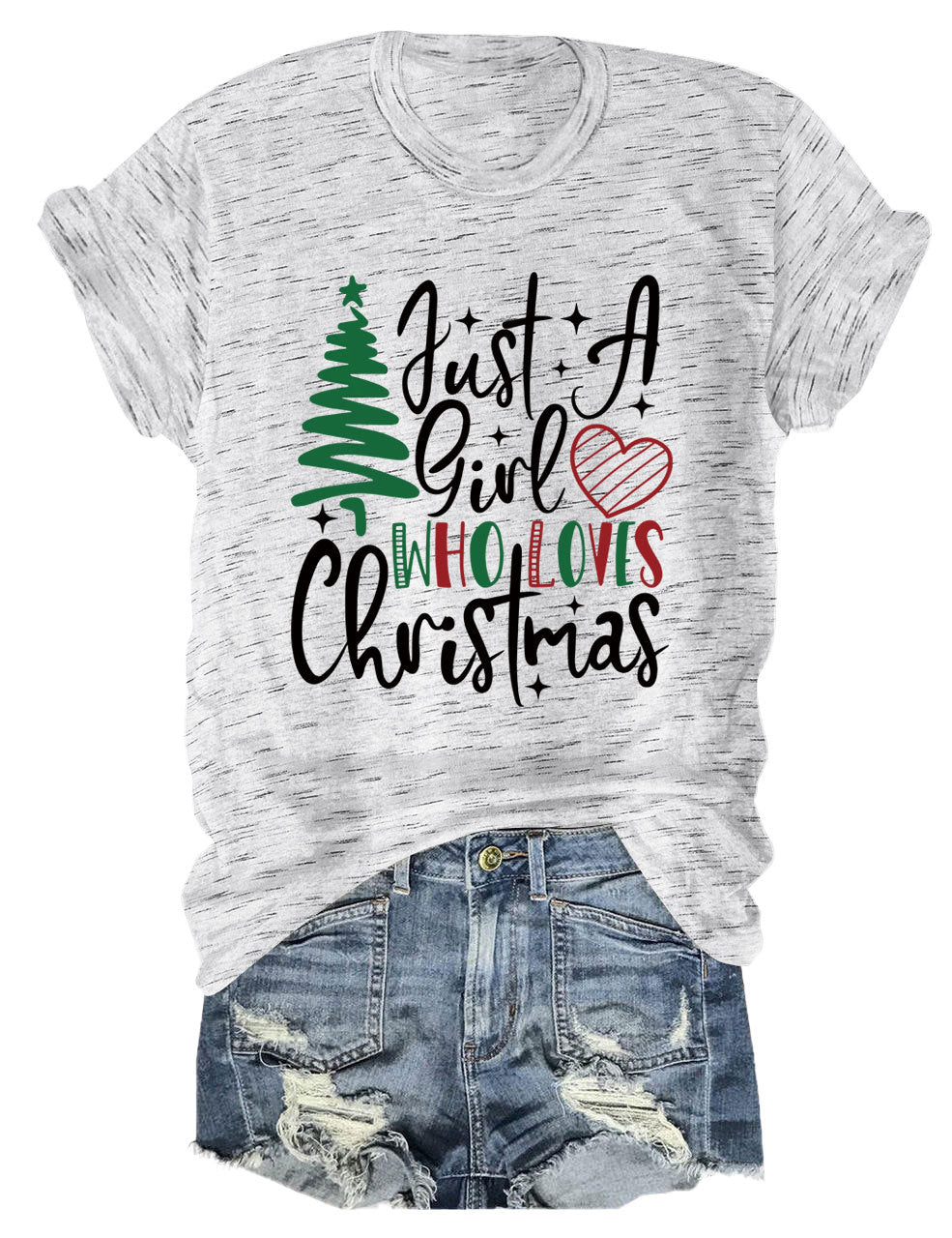 New Just A Girl Fun Christmas Tree Print Round Neck Short Sleeve Female Spot