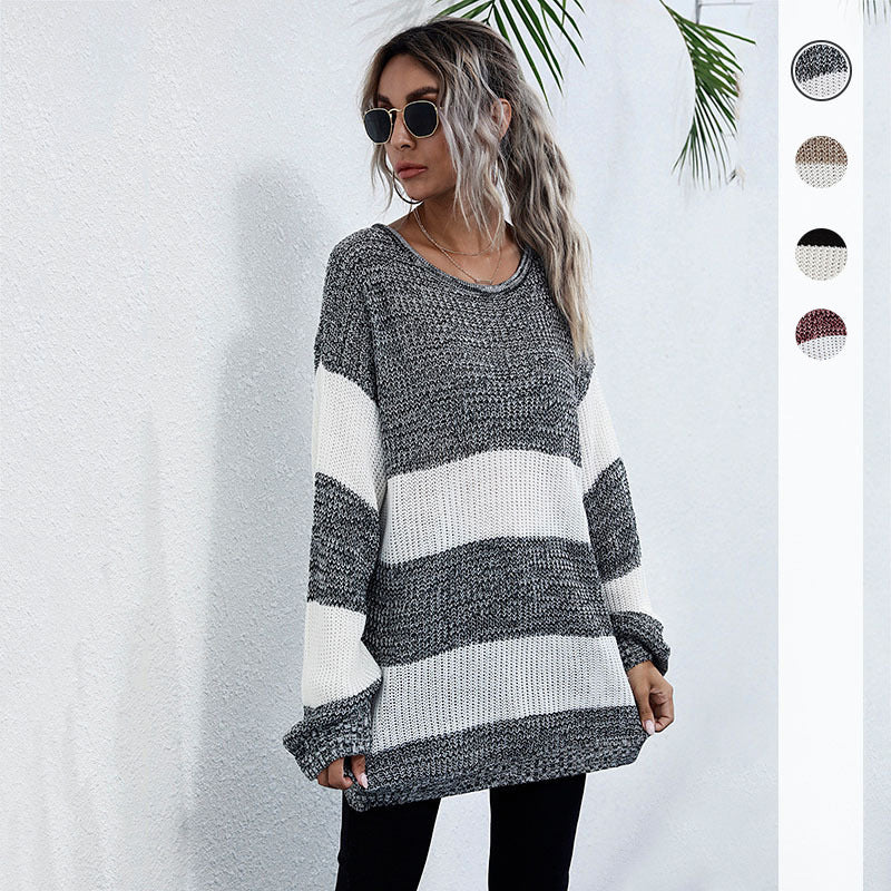 Striped Matching Color Sweater With Sweater Women's Medium Length