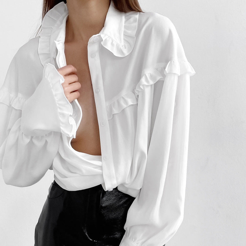 White Lapel Design Lace Chiffon Loose Temperament Shirt New Autumn Fashion Women