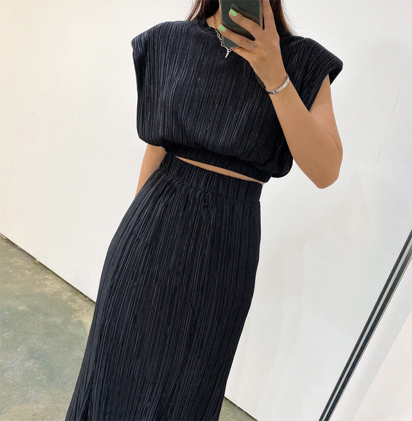 Fashion Casual Temperament Fold Two-Piece Summer New Shoulder-Padded Vest Skirt Suit Skirt Women