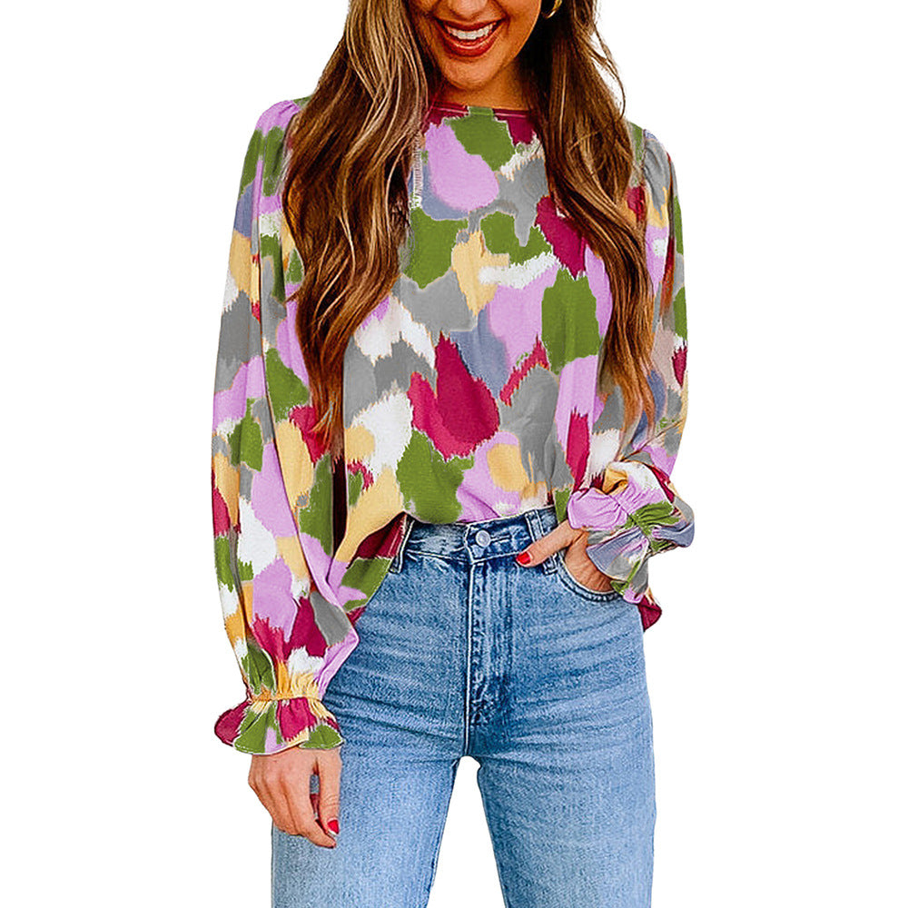 Fluffy Sleeve Chiffon Shirt Women's Round Neck Pullover Long Sleeve Top