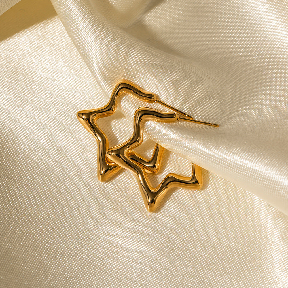 5pcs Simple Style 16K Gold Stainless Steel Star Earrings Solid Gold Straight-Button Hoop Earrings