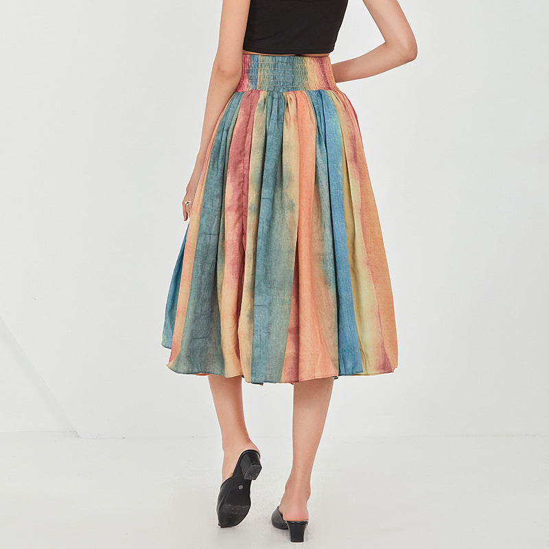 Spring New Fashion Tie-Dye Press Pleats Thin Everything With Big Swing Skirt Half Skirt Women