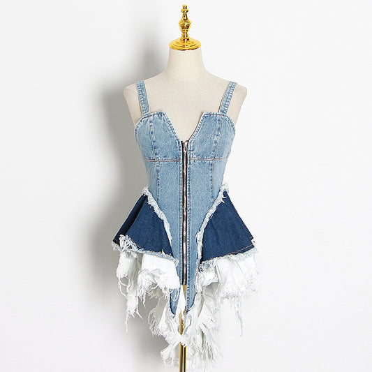 Spring New Niche Design Sense Color Matching Denim Waist Slimming Waistcoat Halter Top Female Tide