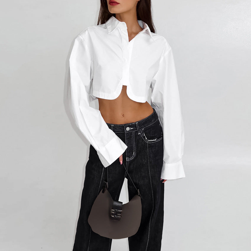 White Lapel Sexy Crop Slim Long Sleeve Shirt New Fall Fashion Women's Top