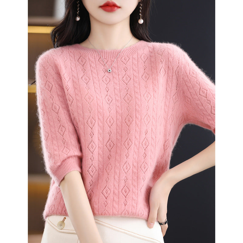 New Spring And Summer Round Neck 100 Knitwear Women Hollow Half Sleeve Bottom Top Knitting