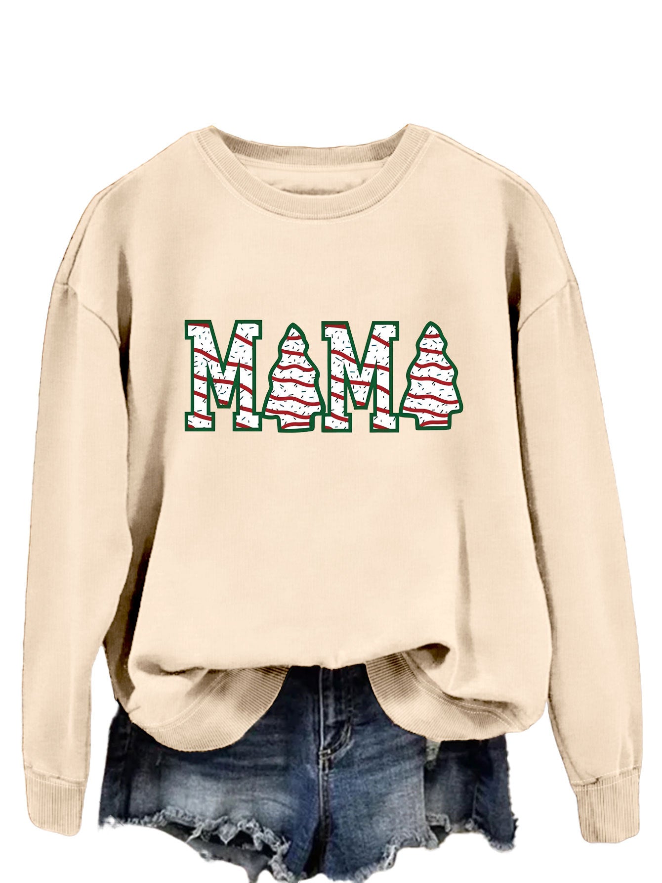 Fashion Crew-Neck Hoodie Mama Letter Christmas Tree Long Sleeve Blouse